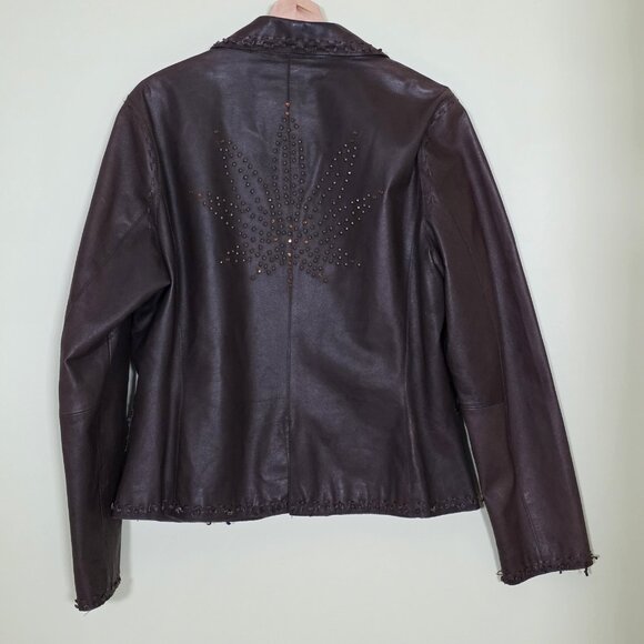 Danier Leather Jacket Women L Brown Studded Leaf Pockets Lined Boho Glitter Punk - Picture 2 of 16